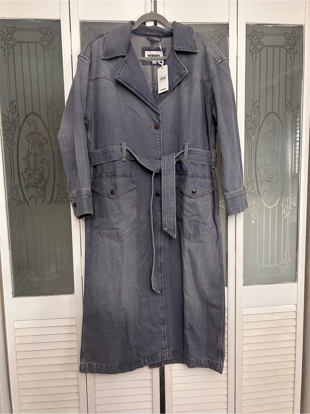 Wrangler Women's Light Blue Denim Trench Coat Western duster belted New with tag